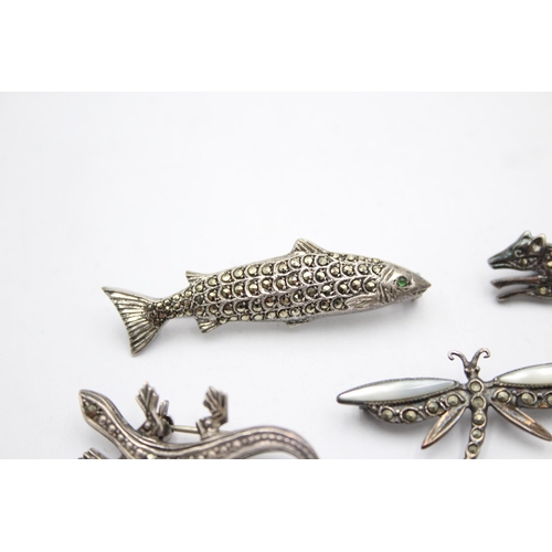 1176 - Five .925 silver and marcasite animal brooches - approx. gross weight 22 grams