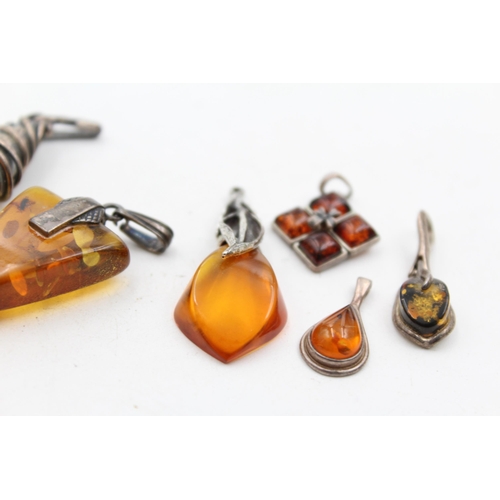 1178 - Six .925 silver amber set pendants - approx. gross weight 28 grams