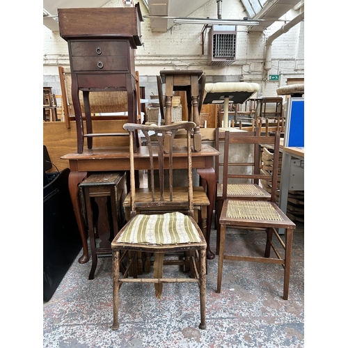 124 - Nine pieces of furniture to include a pair of Edwardian inlaid mahogany and cane side chairs, oak ne... 