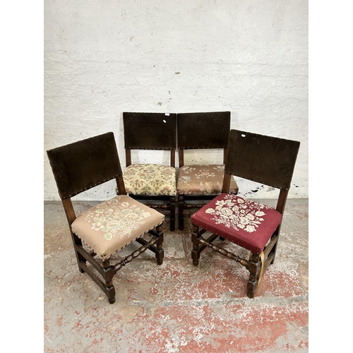 139 - A set of four Cromwellian style oak and fabric upholsterered dining chairs