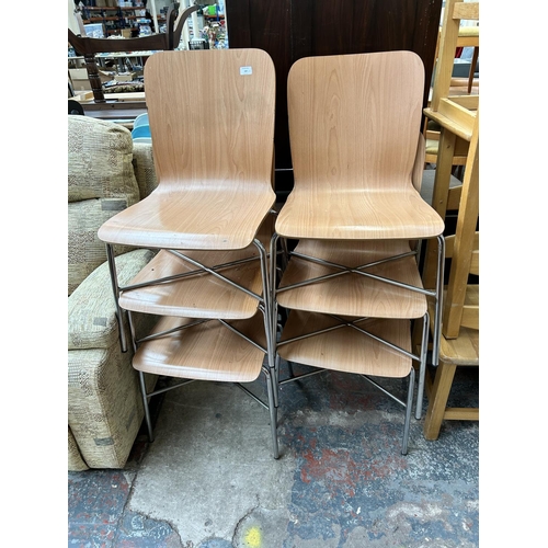 167 - A set of six Argos beech effect and tubular metal stacking chairs