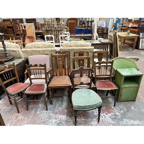 198 - Twelve pieces of furniture to include three Edwardian beech and fabric upholstered occasional chairs... 