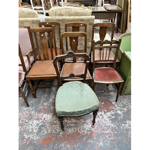 198 - Twelve pieces of furniture to include three Edwardian beech and fabric upholstered occasional chairs... 