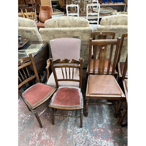 198 - Twelve pieces of furniture to include three Edwardian beech and fabric upholstered occasional chairs... 