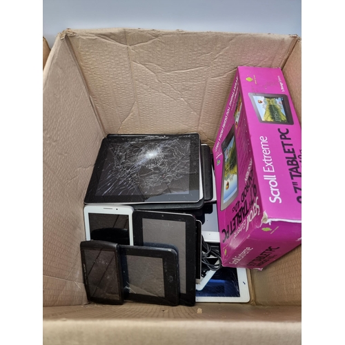 714 - Two boxes containing tablets for spares and repair and various tablet cases and accessories