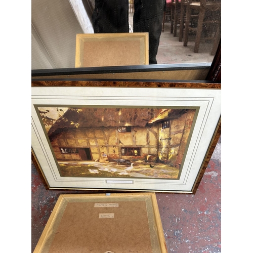 212 - A collection of pictures and mirrors to include 19th century style rosewood effect framed bevelled e... 