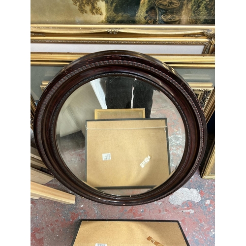 212 - A collection of pictures and mirrors to include 19th century style rosewood effect framed bevelled e... 