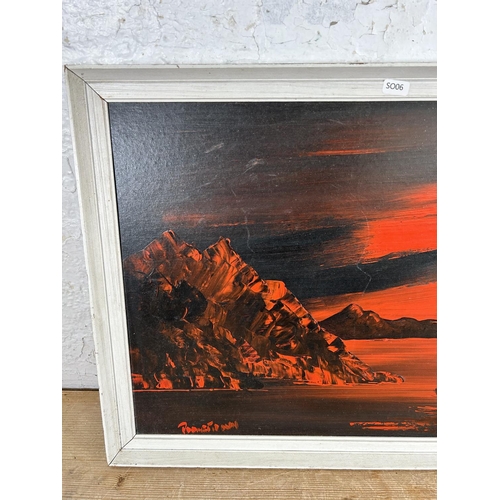 220 - A mid 20th century framed Oriental oil on board - approx. 45cm high x 97cm wide