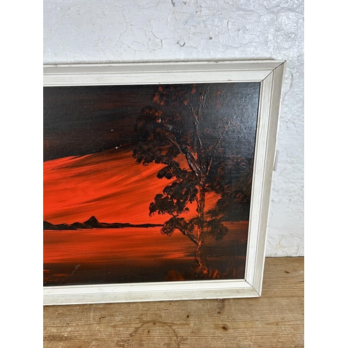 220 - A mid 20th century framed Oriental oil on board - approx. 45cm high x 97cm wide