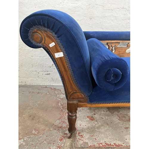 27 - A Victorian mahogany and blue fabric upholstered chaise lounge