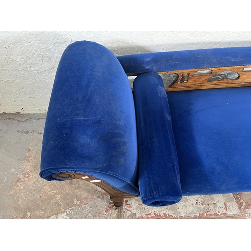 27 - A Victorian mahogany and blue fabric upholstered chaise lounge