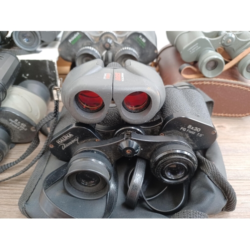 588 - Nine pairs of binoculars to include cased Lieberman & Gortz 10 x 50, boxed Miranda 10 x 50 VG, Inpro... 