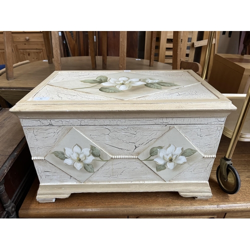 41 - Three pieces of furniture, modern hand painted blanket box with floral design, wicker laundry basket... 