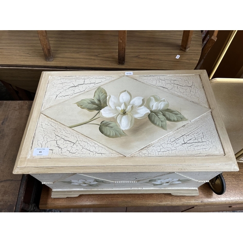 41 - Three pieces of furniture, modern hand painted blanket box with floral design, wicker laundry basket... 