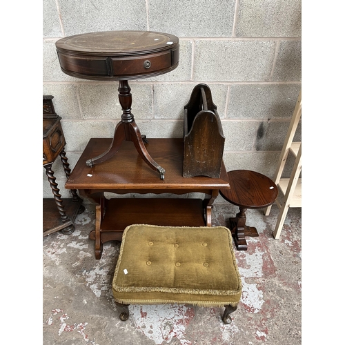 6 - Five pieces of furniture, Regency style mahogany and brown leather drum table, oak magazine rack, oa... 