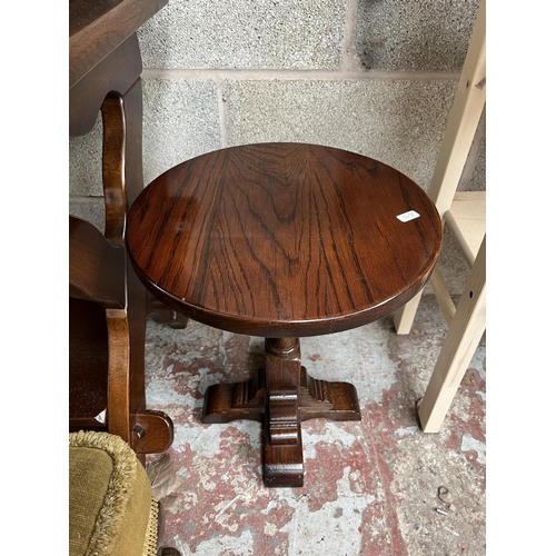 6 - Five pieces of furniture, Regency style mahogany and brown leather drum table, oak magazine rack, oa... 