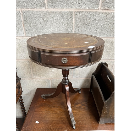 6 - Five pieces of furniture, Regency style mahogany and brown leather drum table, oak magazine rack, oa... 