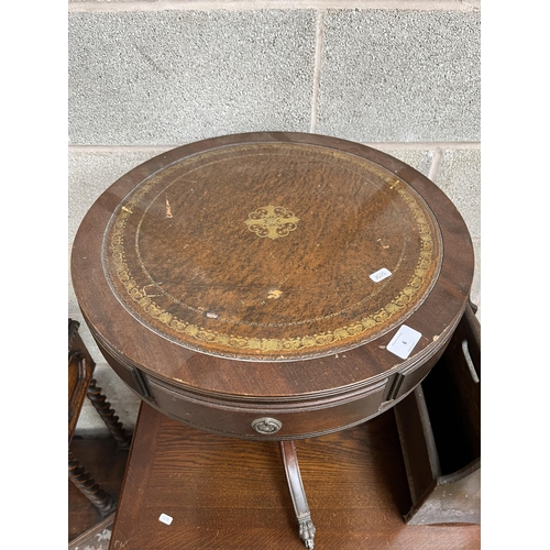 6 - Five pieces of furniture, Regency style mahogany and brown leather drum table, oak magazine rack, oa... 