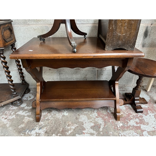 6 - Five pieces of furniture, Regency style mahogany and brown leather drum table, oak magazine rack, oa... 