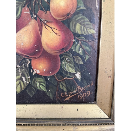 213 - An Edwardian gilt framed fruit still life oil on canvas by C. Edwin Brown, dated 1909 - approx. 33cm... 