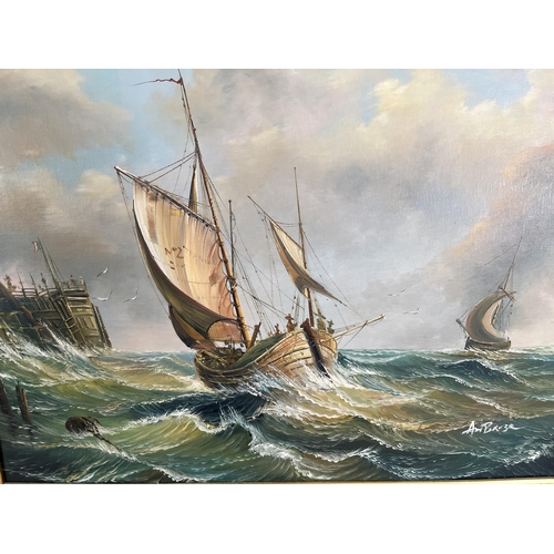 217 - A gilt framed oil on canvas of sailing ships, signed Ambrose - approx. 51cm high x 61cm wide