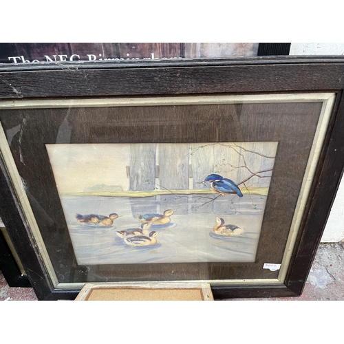 219 - A collection of framed pictures to include watercolour of a seascape signed B and dated 1919, oil on... 