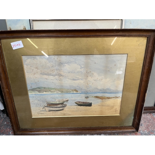 219 - A collection of framed pictures to include watercolour of a seascape signed B and dated 1919, oil on... 