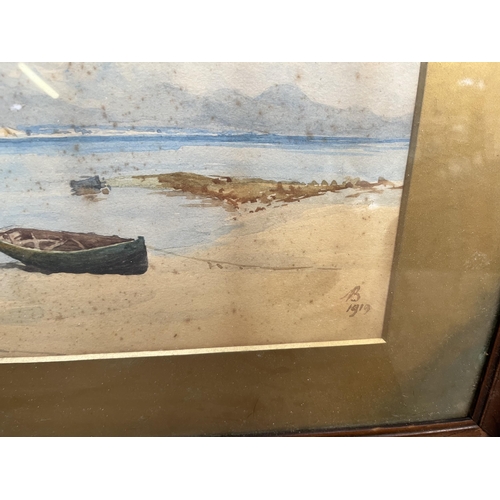 219 - A collection of framed pictures to include watercolour of a seascape signed B and dated 1919, oil on... 