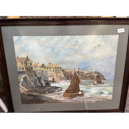 219 - A collection of framed pictures to include watercolour of a seascape signed B and dated 1919, oil on... 