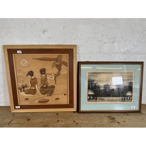 223 - Two pictures, one carved wood wall hanging and one Ethnographic watercolour signed Tiso