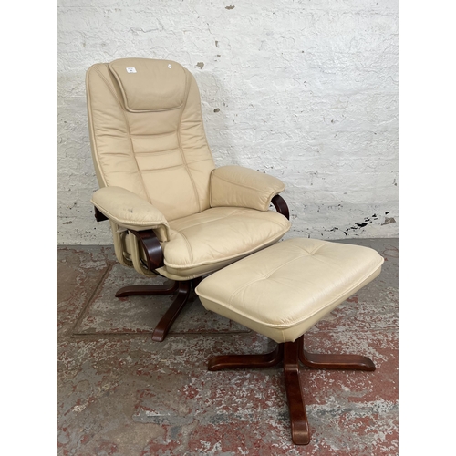 162 - A Stressless style cream leather swivel reclining armchair and matching footstool