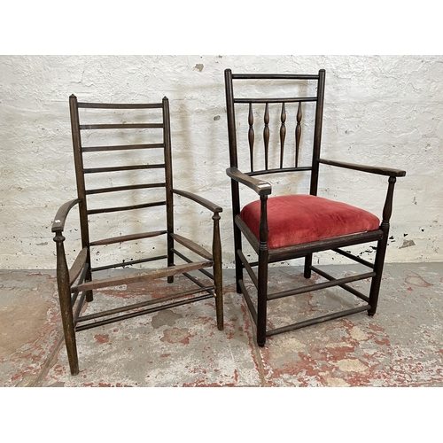 197 - Two antique low seated armchairs, one 19th century oak with spindle back and one early 20th century ... 