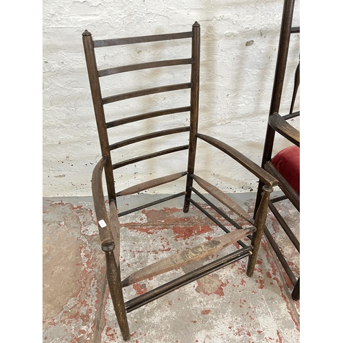 197 - Two antique low seated armchairs, one 19th century oak with spindle back and one early 20th century ... 