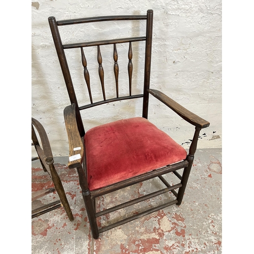 197 - Two antique low seated armchairs, one 19th century oak with spindle back and one early 20th century ... 