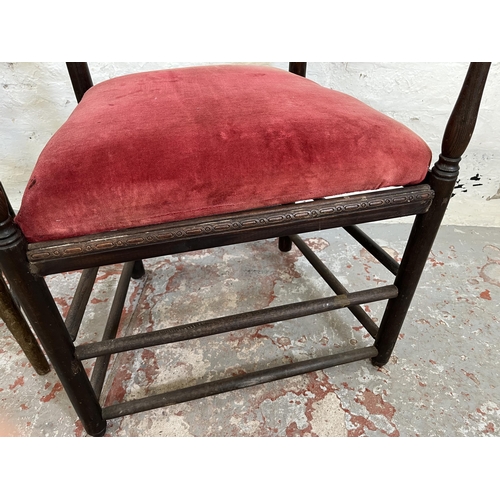 197 - Two antique low seated armchairs, one 19th century oak with spindle back and one early 20th century ... 