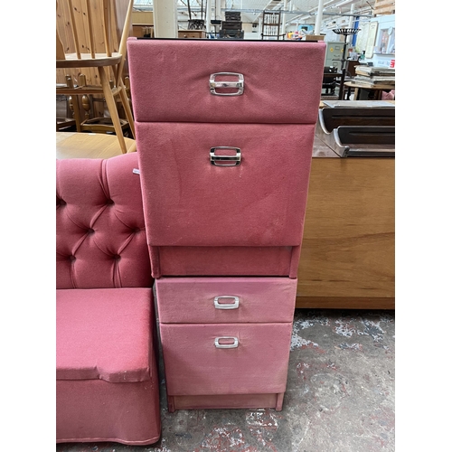 66 - Four pieces of vintage pink fabric upholstered bedroom furniture