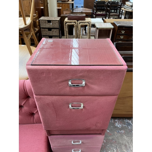 66 - Four pieces of vintage pink fabric upholstered bedroom furniture