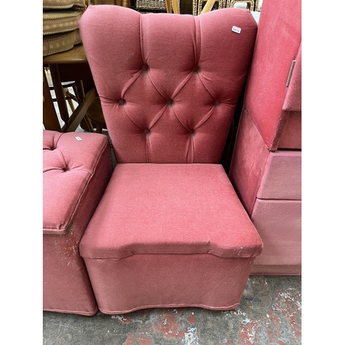 66 - Four pieces of vintage pink fabric upholstered bedroom furniture