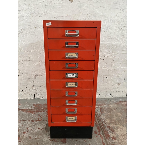 91 - A red metal ten drawer filing cabinet