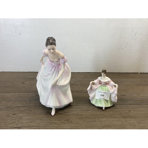 310 - Five Royal Doulton figurines, Sarah HN 3219, Danielle HN 3001, Nicola HN 2839, Ellie HN 4017 and Ela... 