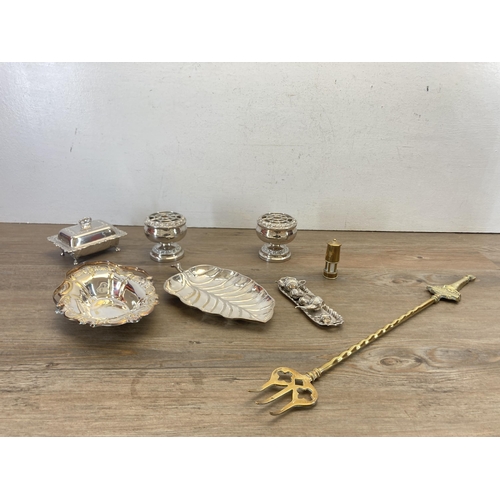 334 - A collection of metalware to include silver plated miniature five piece tea/coffee set, miniature br... 