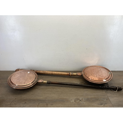 343 - Four pieces of 19th century metalware, two copper bed warming pans, set of JB Daniels Birmingham wei... 