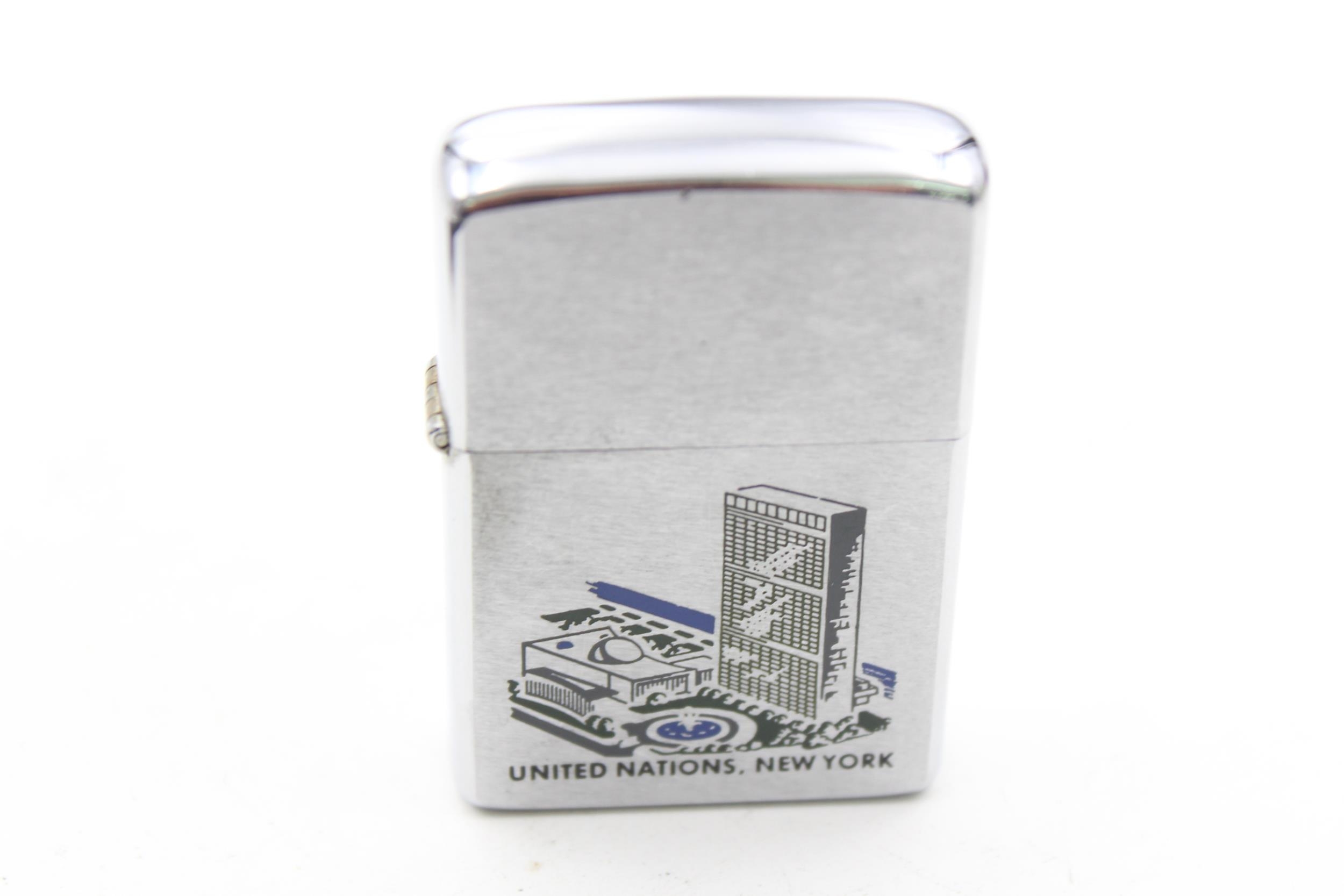 A Zippo 1979 United Nations New York souvenir cigarette lighter