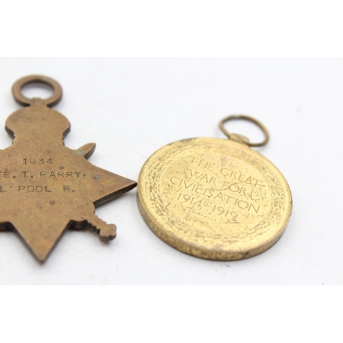 1398 - Three WWI medals, 1914-15 Star presented to Pte. T Parry Liverpool Regt, Victory presented to 36757 ... 