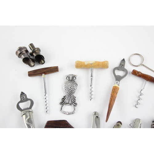 344 - Approx. twenty corkscrews and bottle openers to include brass, wood etc.