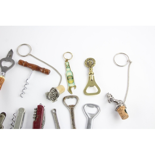 344 - Approx. twenty corkscrews and bottle openers to include brass, wood etc.