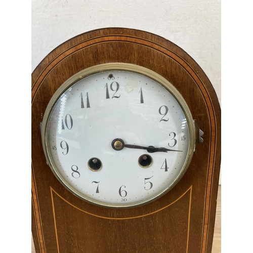 489 - An Edwardian inlaid mahogany mantle clock with white enamel dial and Japy Freres movement - approx. ... 