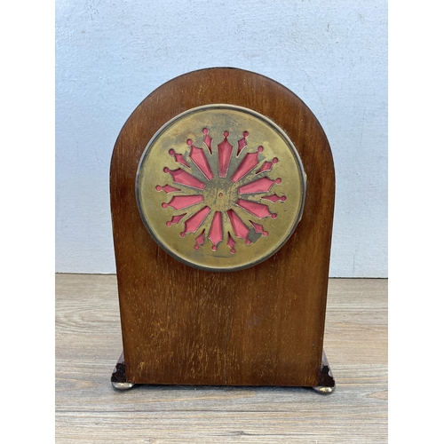 489 - An Edwardian inlaid mahogany mantle clock with white enamel dial and Japy Freres movement - approx. ... 