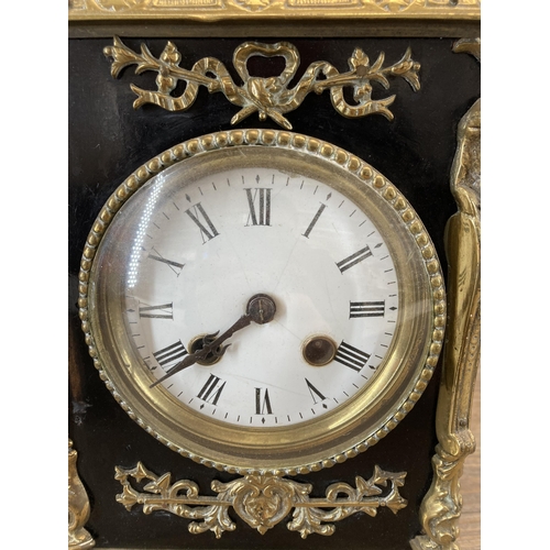 490 - A 19th century French ormolu and ebonized bracket clock with white enamel dial and pendulum - approx... 