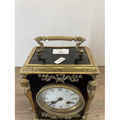 490 - A 19th century French ormolu and ebonized bracket clock with white enamel dial and pendulum - approx... 